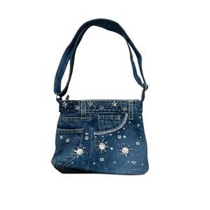 Hand & Heart Denim Patchwork Shoulder Bag Rhinestone Y2K Boho Upcycled Art Purse